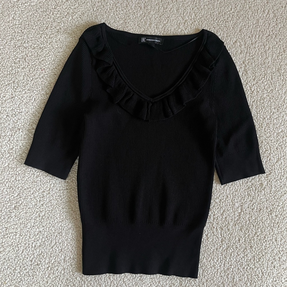 INC International Concepts minimalist old money Black Ribbed Top S
